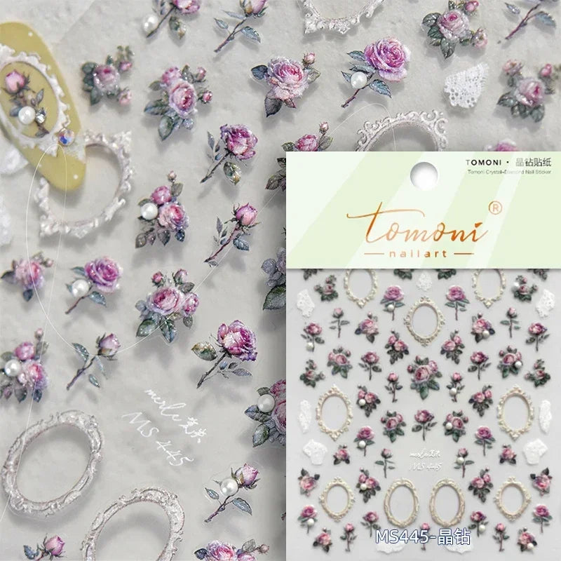 Retro Rose Gold Photo Frame Dried Flower Delicate Totem 3D Self Adhesive Nail Art Stickers 5D Shiny Rhinestone Manicure Decals (ONLINE ORDER ONLY)