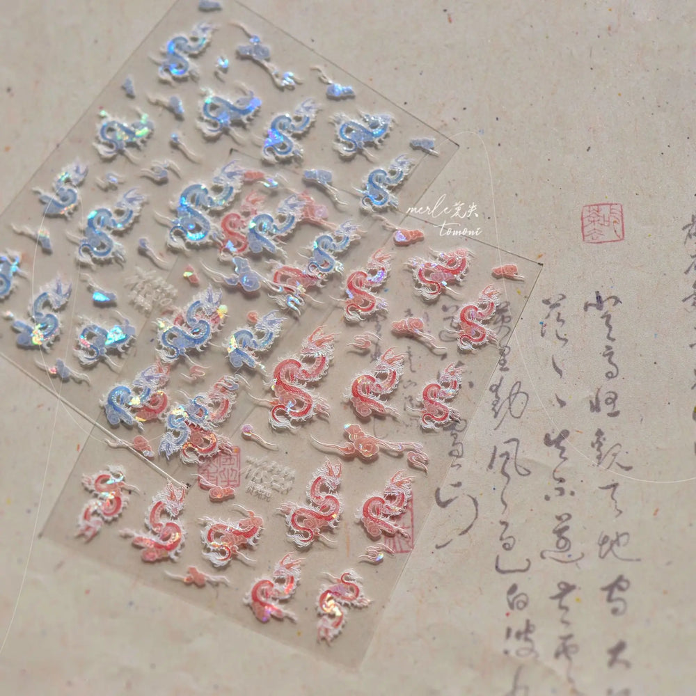 Chinese Dragon Auspicious Beast Mythological Legend Noble Loong Blue Pink Soft Relief Adhesive Nail Art Sticker Manicure Decals (ONLINE ORDER ONLY)