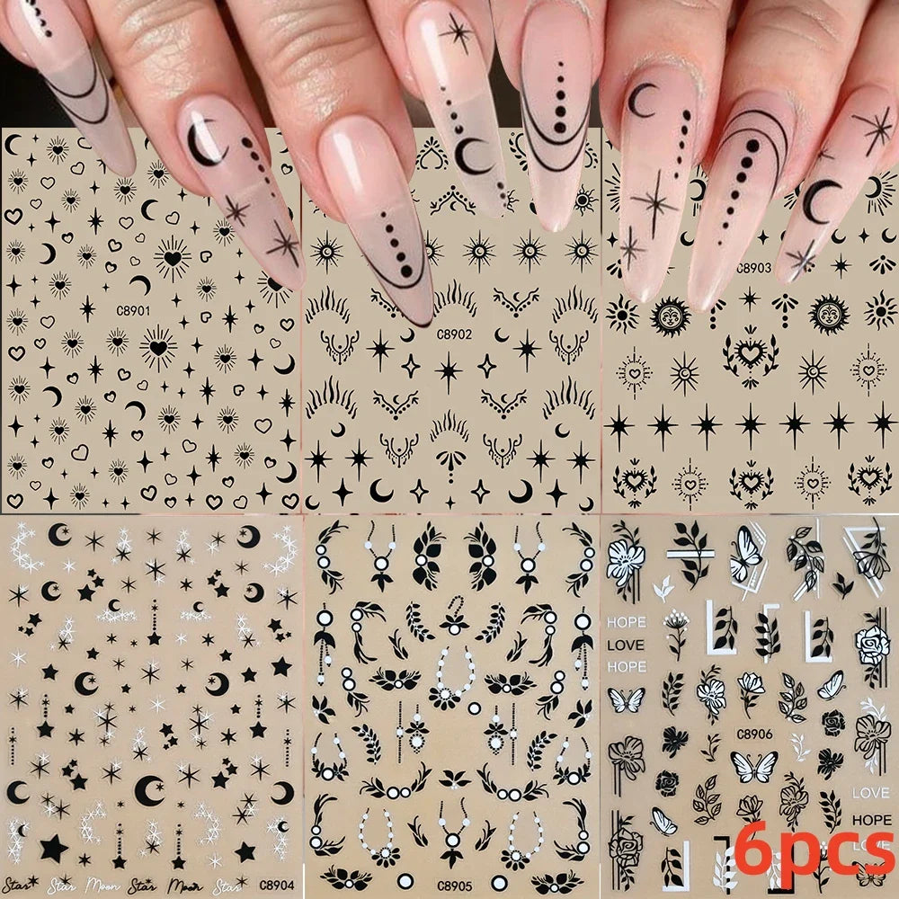 6pcs Mirror Silver Star 3D Nail Sticker Holographic Heart/Moon/Cross Design Self-Adhesive Decal Manicure Art Supplies Decoration (ONLINE ORDER ONLY)