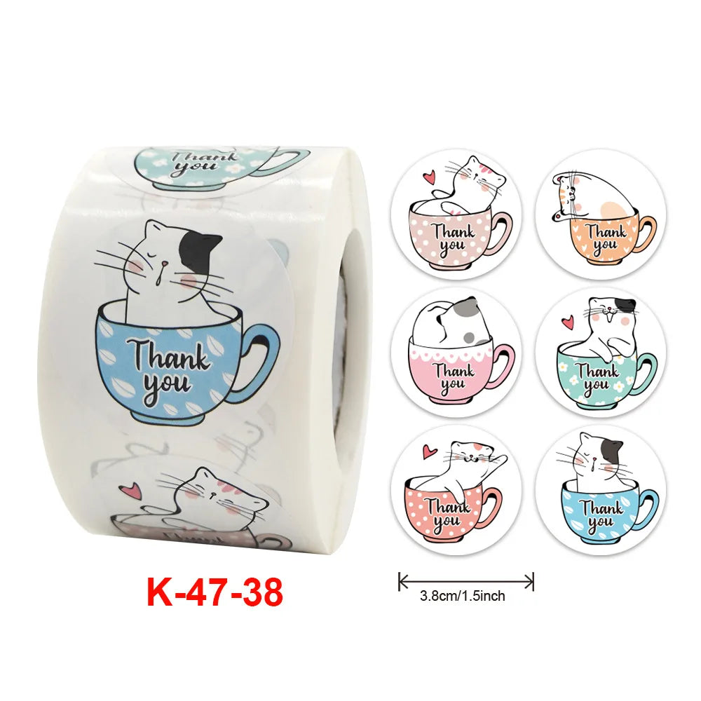 100-500 Pcs Roll 1-1.5inch Round White Decorative Gift Thank You Stickers Cartoon Hand-painted Cat Sealing Sticker Stationery (Online Order Only)