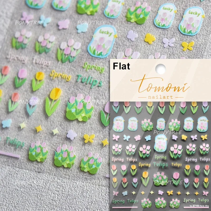 Cute  Pink Blue Nature Tulip Star Heart Butterfly Peach Blossom Jelly Embossed Relief Adhesive Nail Art Stickers Manicure Decals (ONLINE ORDER ONLY)