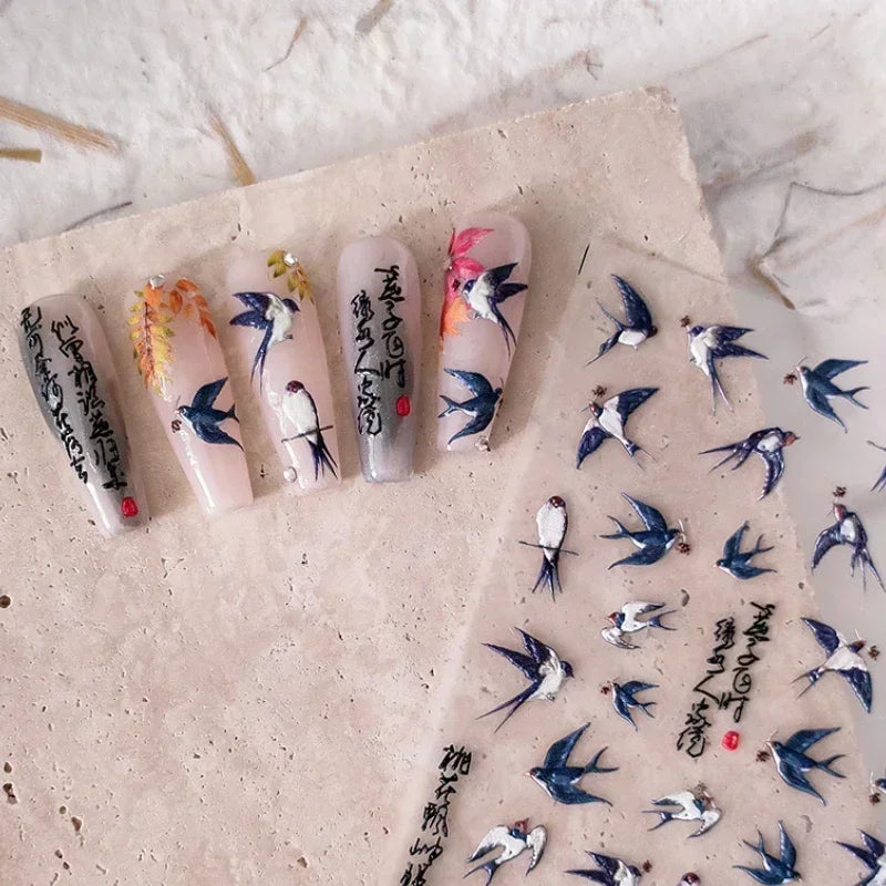 Swallow Bird Insect Animal Phoenix Peacock Dove 3D Self Adhesive Nail Art Stickers Chinese Ancient Poetry Manicure 5D DIY Decals (ONLINE ORDER ONLY)