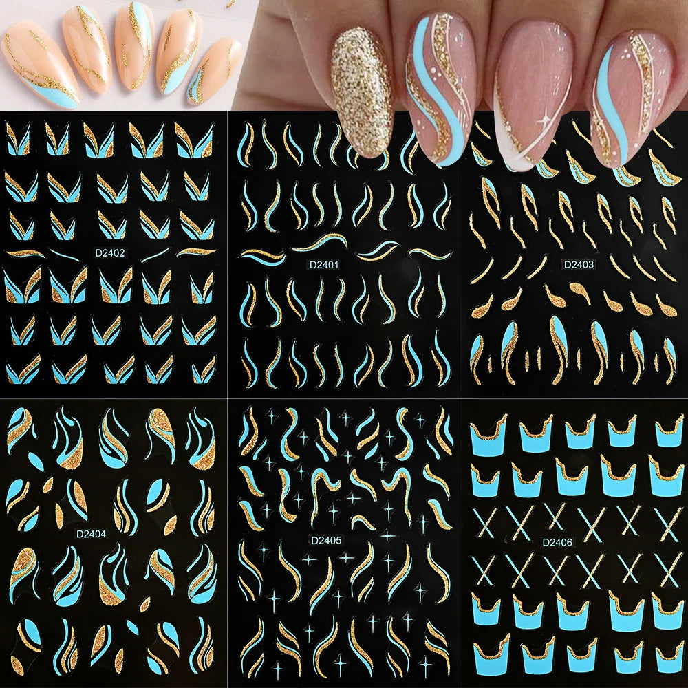 6pcs/Set Blue Gold Glitter French Design 5D Nail Stickers Curve Lines Swirls Wave Nail Sliders Reflective Flakes Decals Manicure (ONLINE ORDER ONLY)