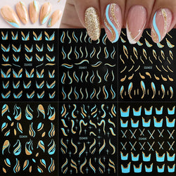 6pcs/Set Blue Gold Glitter French Design 5D Nail Stickers Curve Lines Swirls Wave Nail Sliders Reflective Flakes Decals Manicure (ONLINE ORDER ONLY)