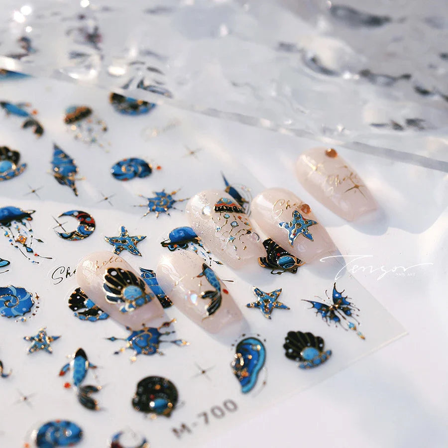 Blue Butterfly Planet Star Conch Snake Shell Clam Pearl Whale Jellyfish Moon Adhesive Nail Art Stickers Dreamy Manicure Decals (Online Order Only)