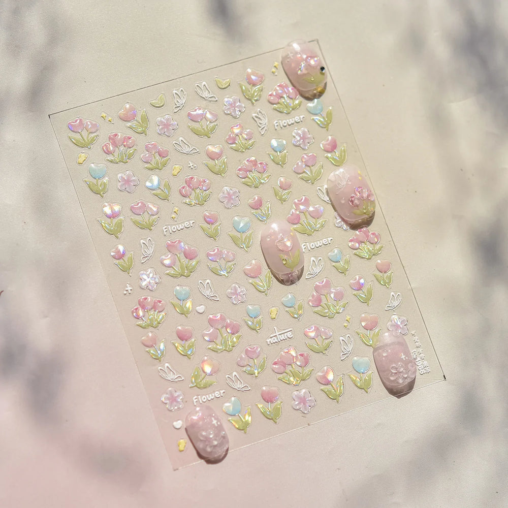 Cute  Pink Blue Nature Tulip Star Heart Butterfly Peach Blossom Jelly Embossed Relief Adhesive Nail Art Stickers Manicure Decals (ONLINE ORDER ONLY)