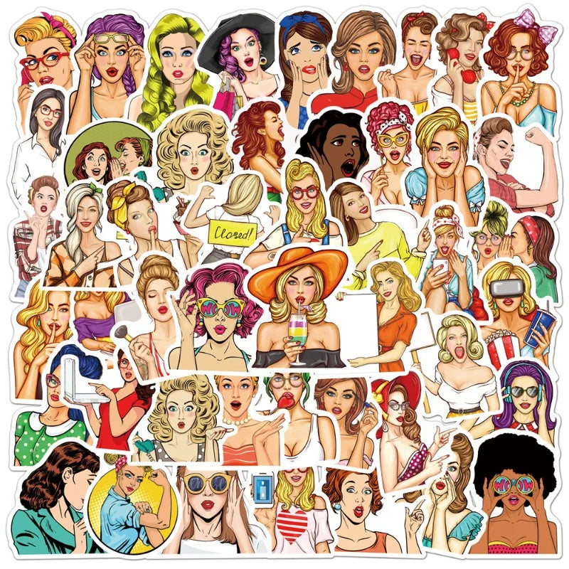 50pcs Pop Art Girls Stickers for Luggage, Water Bottles, Phones, Laptops, Cars, Scooters, Fridges (ONLINE ORDER ONLY)