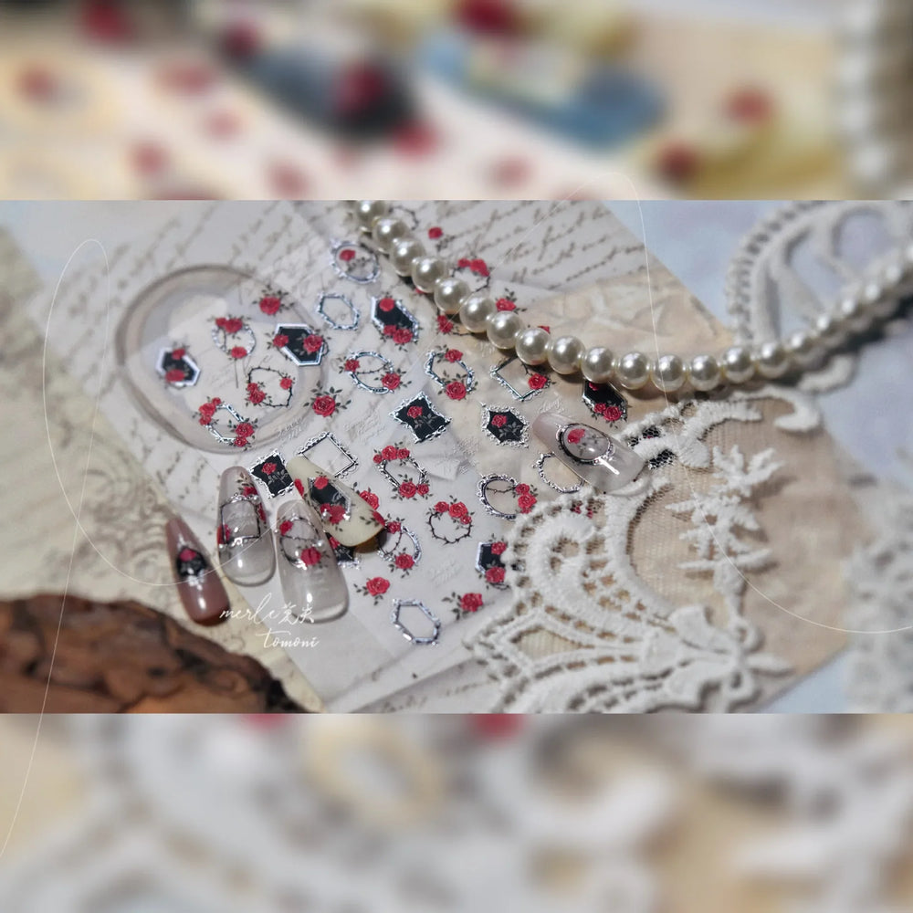 Metal Effect Rose Flower Pattern Totem Photo Frame Self Adhesive Nail Art Sticker Romantic Chic Wreath Rhinestone Manicure Decal (Online Order Only)