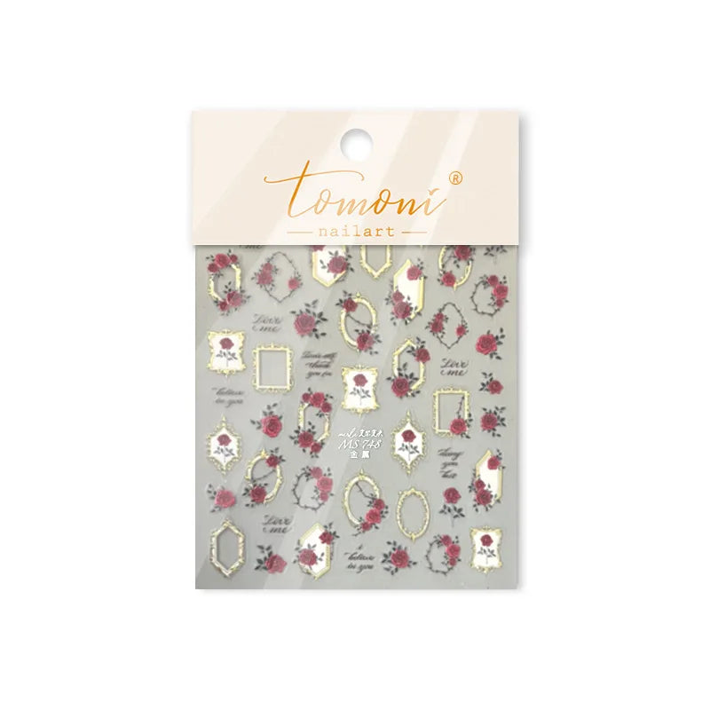 Metal Effect Rose Flower Pattern Totem Photo Frame Self Adhesive Nail Art Sticker Romantic Chic Wreath Rhinestone Manicure Decal (Online Order Only)