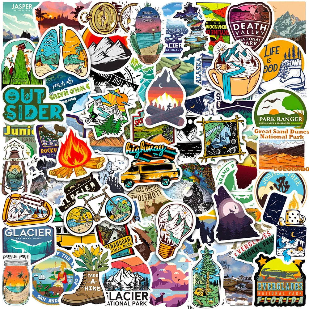 Outdoor Travel Hiking Camping Stickers Decal Pack - Waterproof for Skateboard, Laptop, Motorcycle, Guitar, Phone, Car (ONLINE ORDER ONLY)