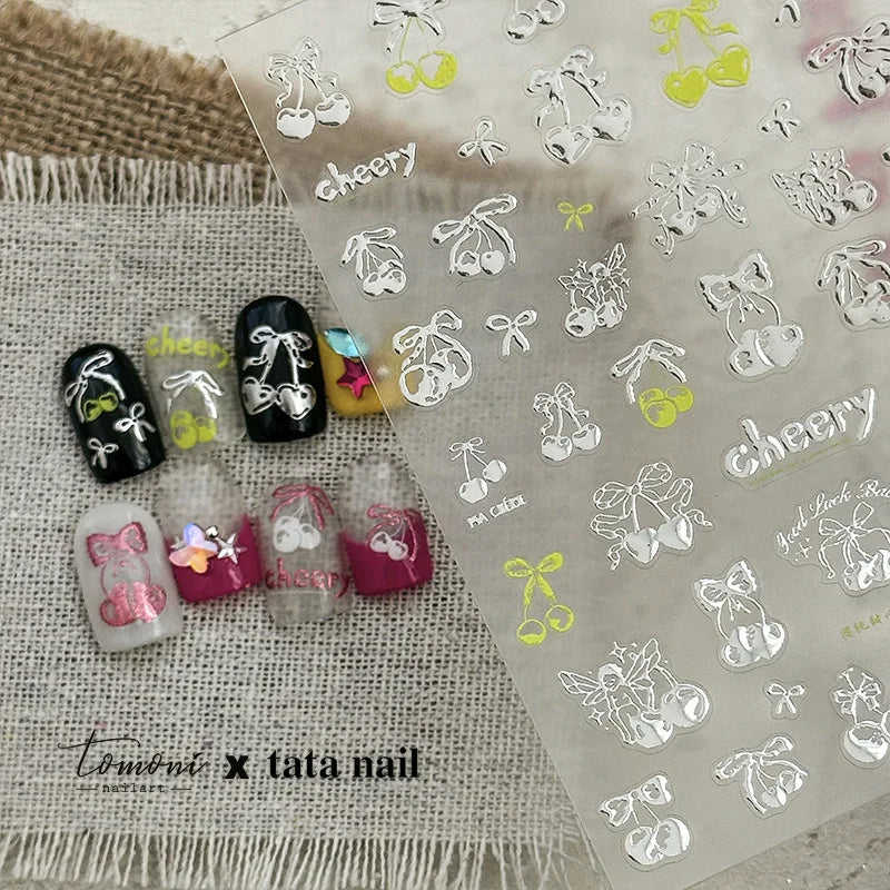 Colourful Cherry Abundant Fruits Bowknot Shiny White Line Outline Self Adhesive Nail Art Stickers Chic Rhinestone Manicure Decal (ONLINE ORDER ONLY)