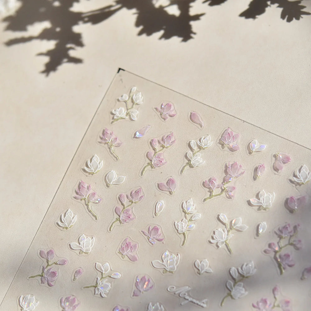 Translucent White White Pink Magnolia Rose Flower Floral Soft Embossed Relief Adhesive Nail Art Stickers Chic 3D Manicure Decals (ONLINE ORDER ONLY)