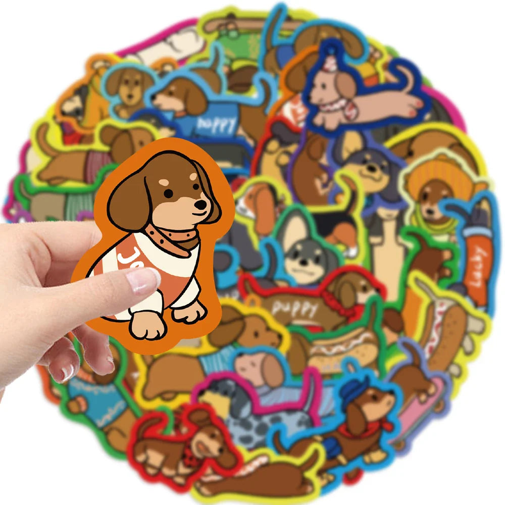 50Pcs Cartoon Dachshund Graffiti Stickers for DIY Desk Guitar Computer Refrigerator Creative Sausage Dog Waterproof Sticker﻿ (ONLINE ORDER ONLY)