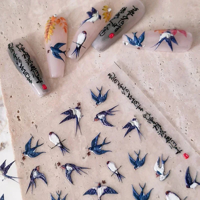 Swallow Bird Insect Animal Phoenix Peacock Dove 3D Self Adhesive Nail Art Stickers Chinese Ancient Poetry Manicure 5D DIY Decals (ONLINE ORDER ONLY)
