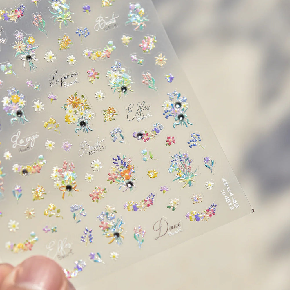 Cute Spring Flowers Purple Blue White Bowknot Rose Garden Daisy 5D Soft Embossed Relief Adhesive Nail Art Sticker Manicure Decal (ONLINE ORDER ONLY)