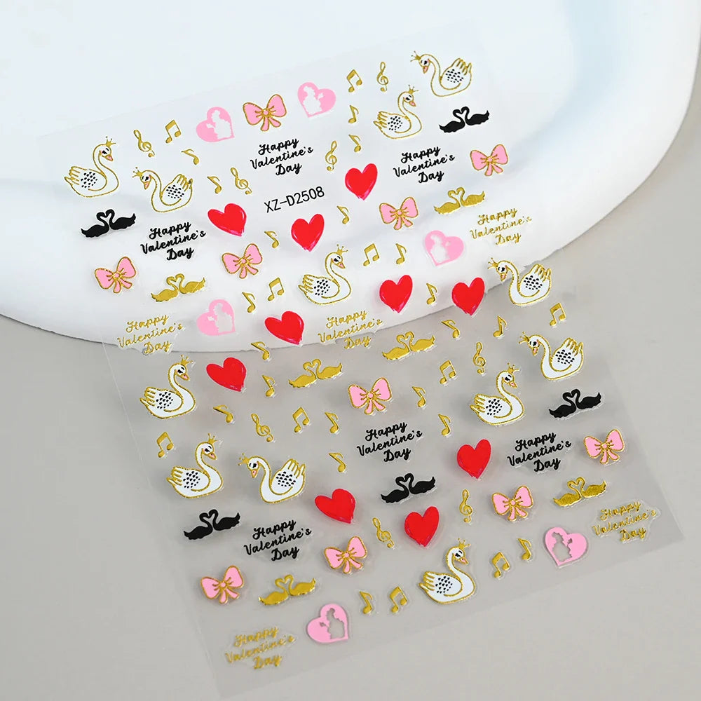 12Pcs 3D Golden Red Glitter Heart Love Nail Sticker Valentine Self Adhesive Cartoon Decal Geometry Lines Stripe Slider Manicure* (ONLINE ORDER ONLY)