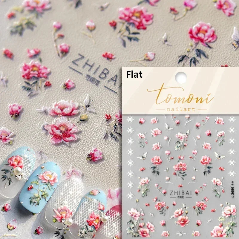 Chic Retro Rose Photo Frame Dried Flower Petal Self Adhesive Nail Art Stickers 5D Hot Stamping Relief Rhinestone Manicure Decals (Online Order Only)