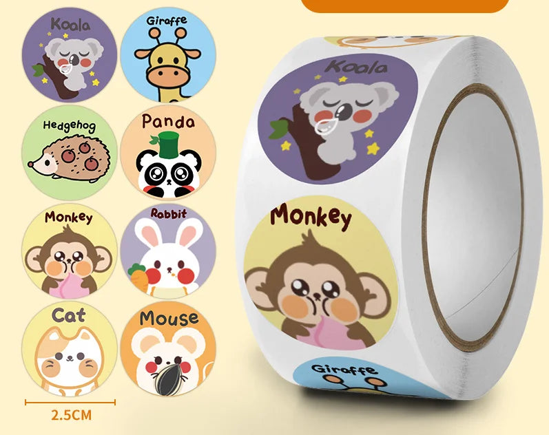 100-500 Pcs 2.5cm Cute Animal  Monkey Cat Stickers Roll for Envelope Praise Reward Student Kid Work Label Stationery Seal Lable (ONLINE ORDER ONLY)