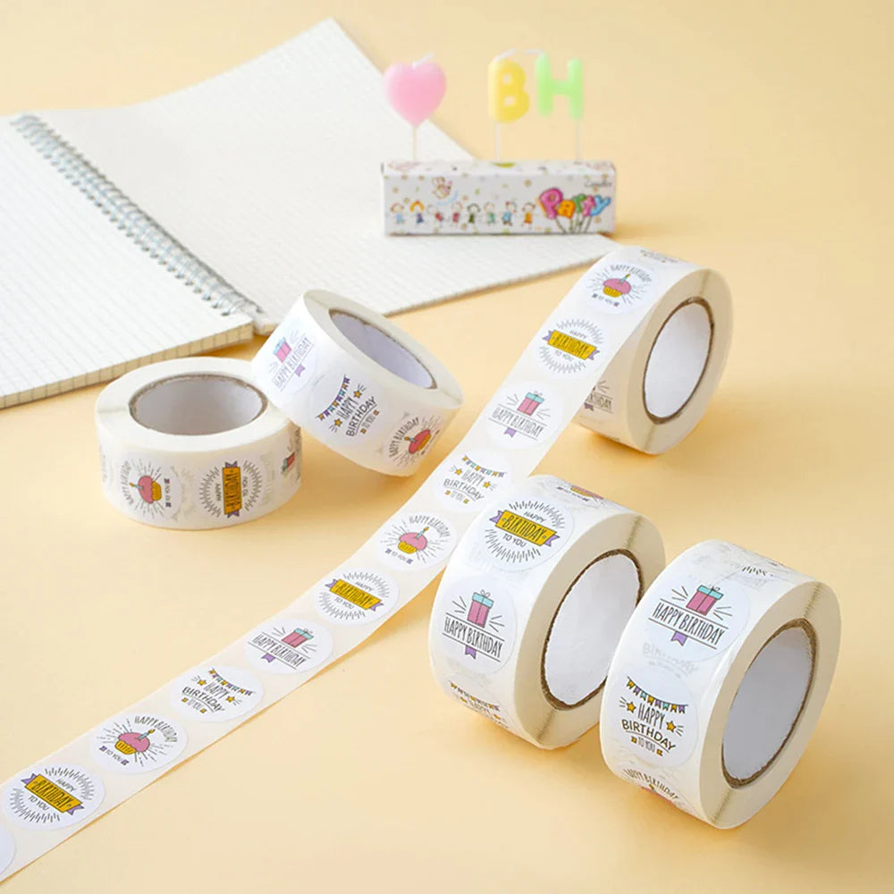 100-500pcs Round Happy birthday Labels Kraft Paper Sticker Candy Bag Flower Gift Box Cake Boxes and Packaging Wedding Stickers (ONLINE ORDER ONLY)