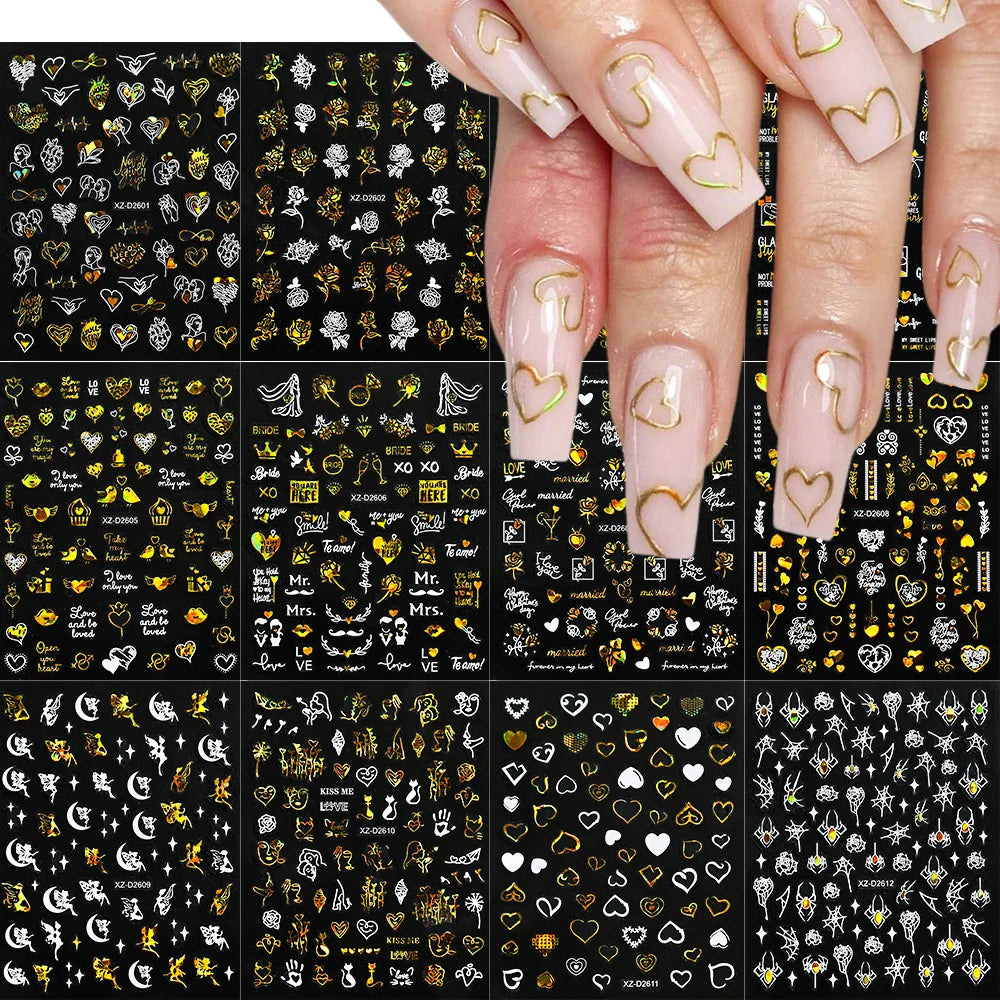 1PC Holographic Laser Heart Nail Stickers-3D Self-Adhesive Golden White Valentines Day Nail Decals For Women Nail Art Decoration (ONLINE ORDER ONLY)