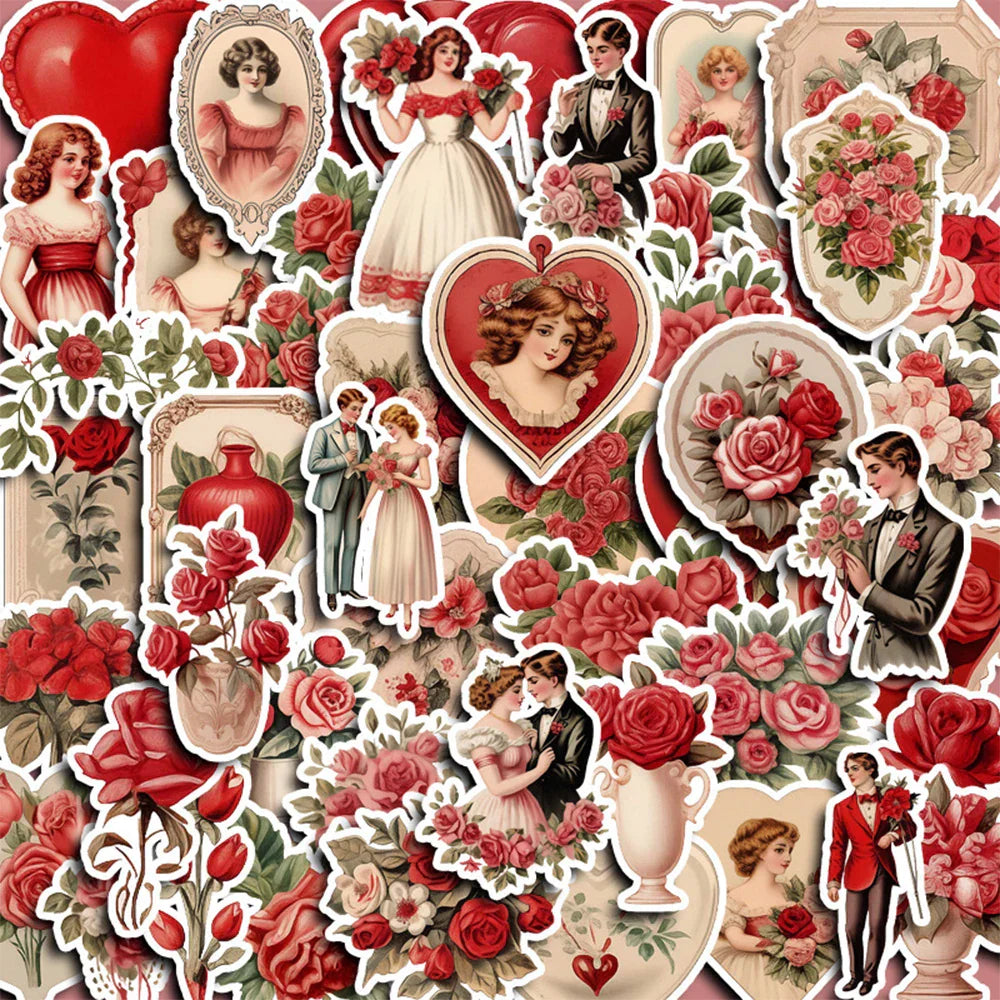 Retro Red Wedding Cartoon Stickers - Waterproof Graffiti Decals for Laptop & Notebook (10/30/50pcs) (Online Order Only)