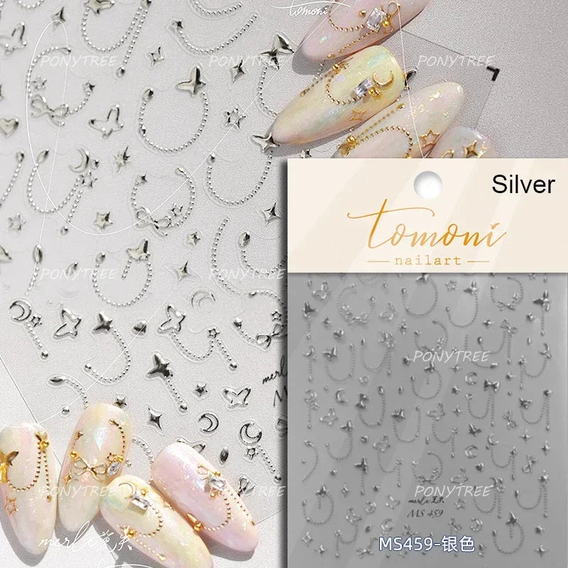 Chic Colourful Star Moon Curved Line Arc Necklace Love Heart Hanging in The Air Cherry Adhesive Nail Art Stickers Manicure Decal (Online Order Only)