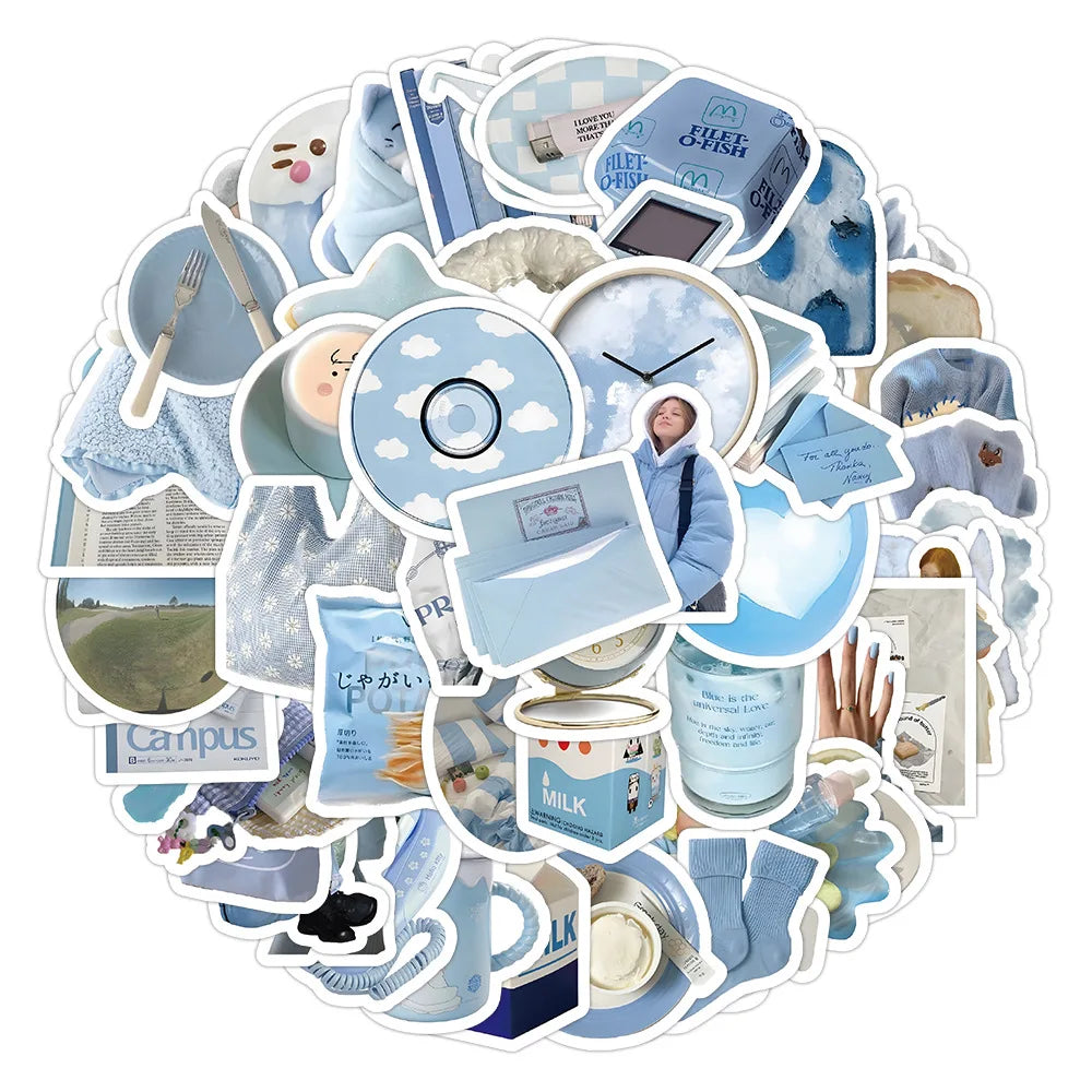 10/30/60PCS Ins Style Simple Blue Stickers Cute Cartoon Decal DIY Notebook Phone Fridge Suitcase Skateboard Car Sticker Kids Toy (Online Order Only)