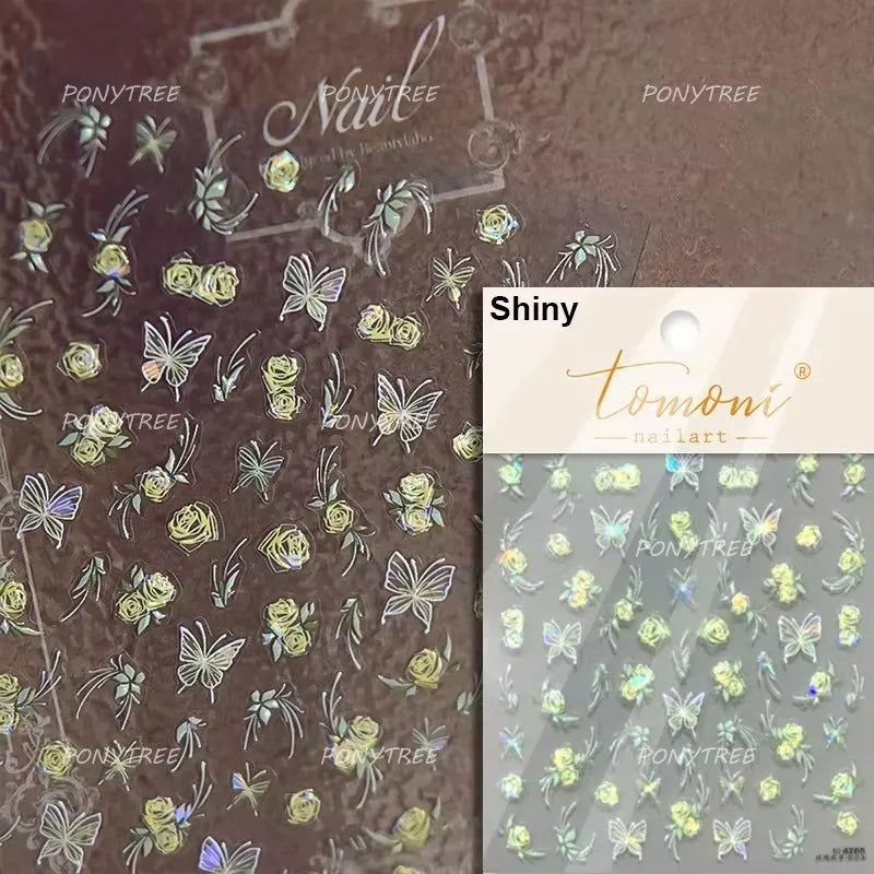 Gradual Asymmetric Butterfly Rose Flower Moon Ancient Poem 5D Reliefs Self Adhesive Nail Stickers JellyManicure Decals Wholesale (Online Order Only)