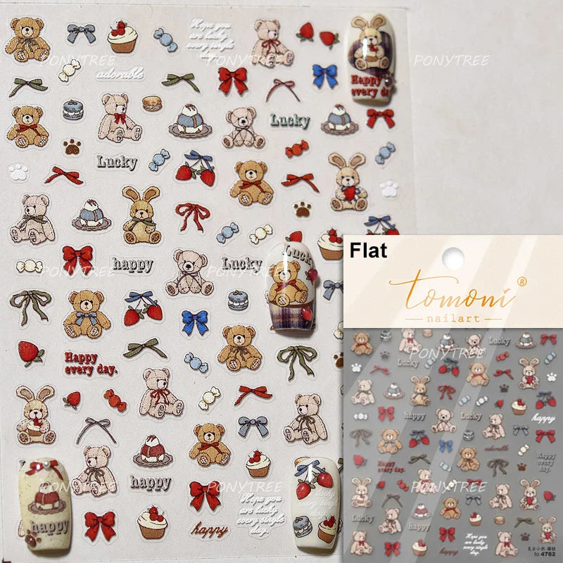 Cute Pet Creamy Rabbit Bear Dog Ribbon Bowknot Lamb Red Painted Heartbeat Flowers Adhesive Nail Art Stickers 3D Manicure Decals (Online Order Only)