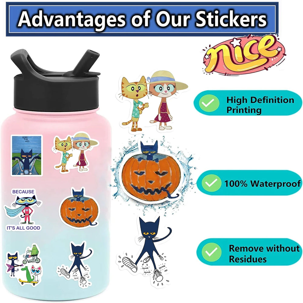 50PCS Kawaii Cute Pete The Cat Sticker Funny Cartoon Stickers For Decorative Scrapbook DIY Child Phone Stationery Supply for Kid (ONLINE ORDER ONLY)