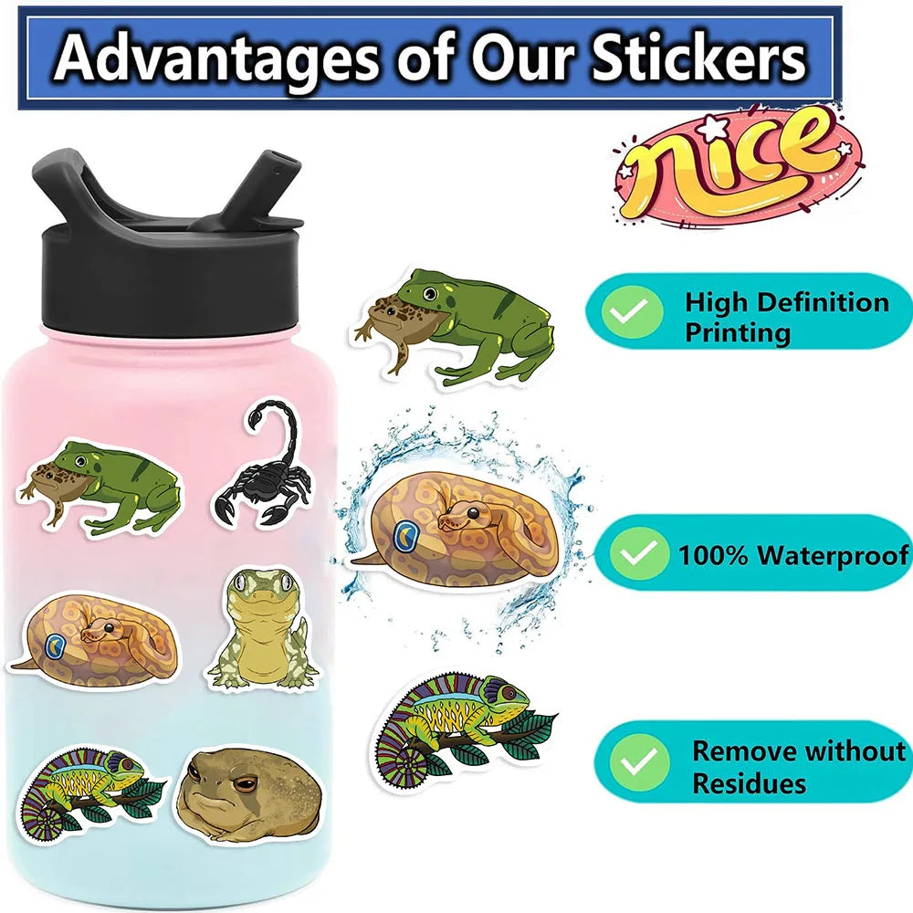 50pcs Funny Cartoon Reptile Stickers For Luggage Laptop Guitar Phone Skateboard Waterproof Graffiti Vinyl Bicycle Car Decals (ONLINE ORDER ONLY)