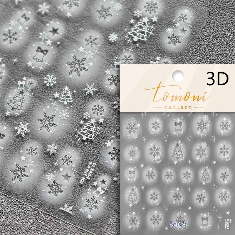 Hot Stamping Romantic White Gold Snowflakes Hexagon Winter 3D Self Adhesive Nail Art Stickers Shiny Rhinestone Manicure Decals (Online Order Only)