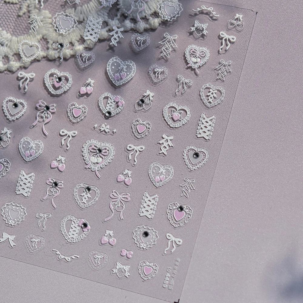 Lovely Heart Strawberry Cherry Bowknot Lace Lolita Crystal Rhinestone Line Rococo Chic Adhesive Nail Art Sticker Manicure Decals (ONLINE ORDER ONLY)