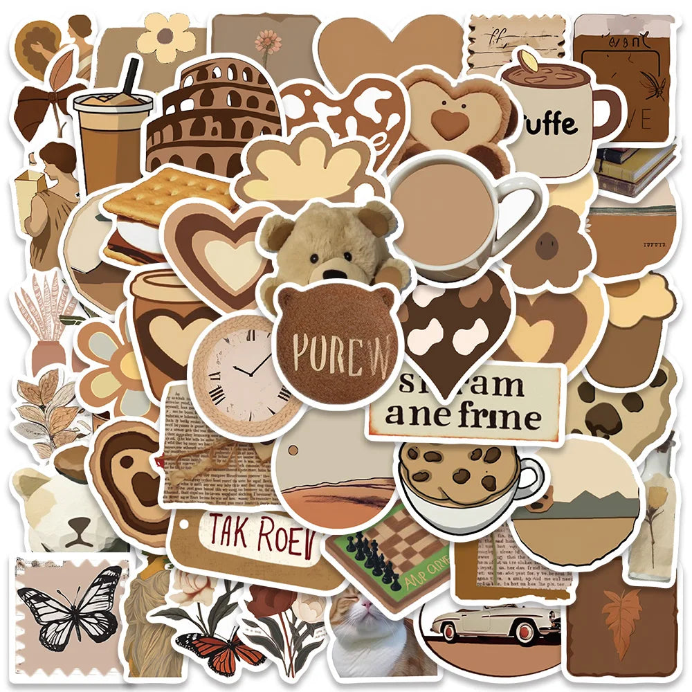 50pcs Ins Style Brown Lazy Breeze Aesthetic Stickers For Laptop Phone Guitar Luggage Waterproof Graffiti Bicycle Car Decals (ONLINE ORDER ONLY)