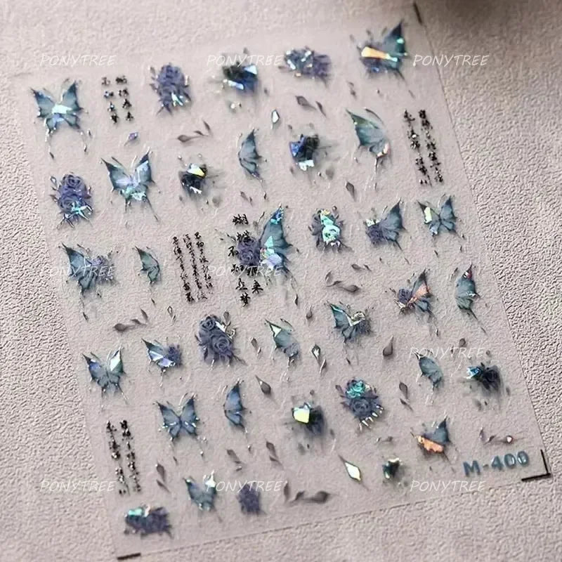 Charming Delicate Sapphire Color Blue Black Stroke Butterfly Jelly Relief Rhinestone Adhesive Nail Art Stickers Manicure Decals (Online Order Only)