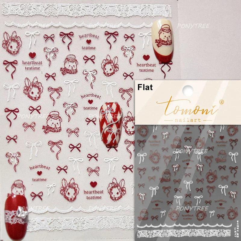 Cute Pet Creamy Rabbit Bear Dog Ribbon Bowknot Lamb Red Painted Heartbeat Flowers Adhesive Nail Art Stickers 3D Manicure Decals (Online Order Only)
