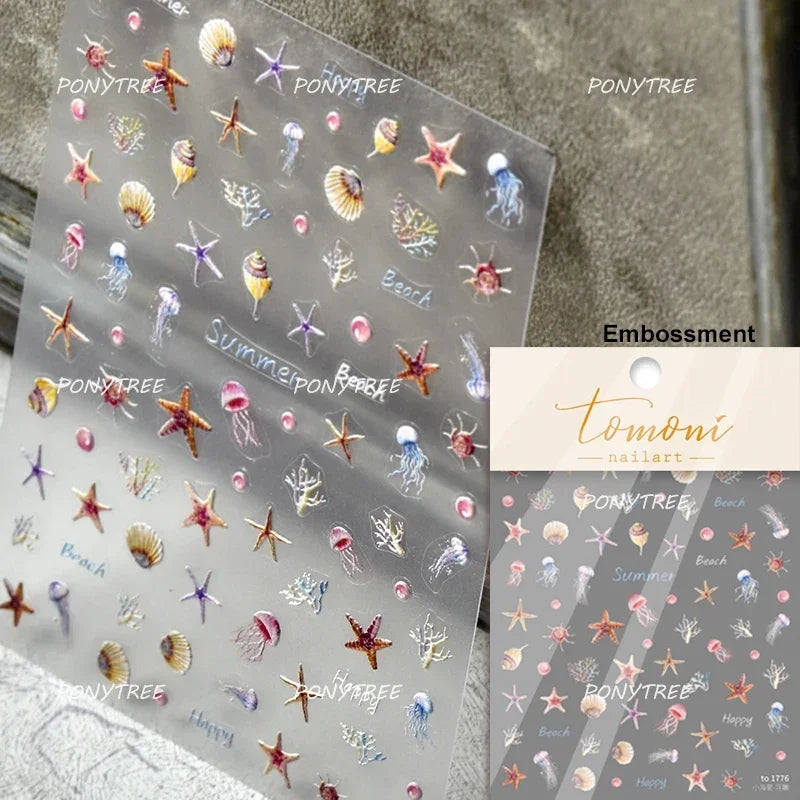 Halo Dyeing Ocean Shell Conch Starfish Pearl Love Heart Bowknot Jellyfish Adhesive Nail Art Stickers Manicure Decals Wholesale (ONLINE ORDER ONLY)