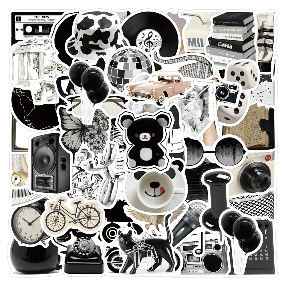 Cartoon Stickers Pack: Black White Decals for Laptop, Suitcase, Phone, Car, Kids Toys (ONLINE ORDER ONLY)
