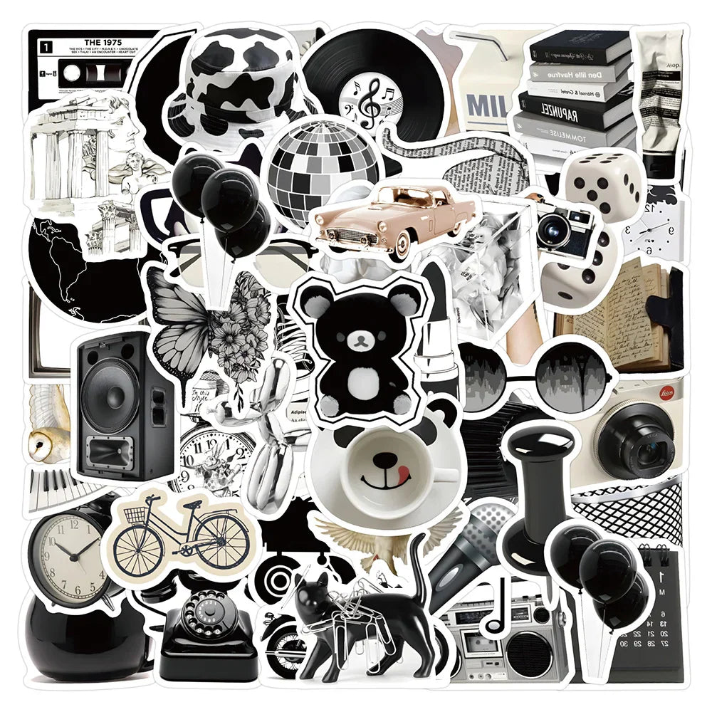 Cartoon Stickers Pack: Black White Decals for Laptop, Suitcase, Phone, Car, Kids Toys (ONLINE ORDER ONLY)