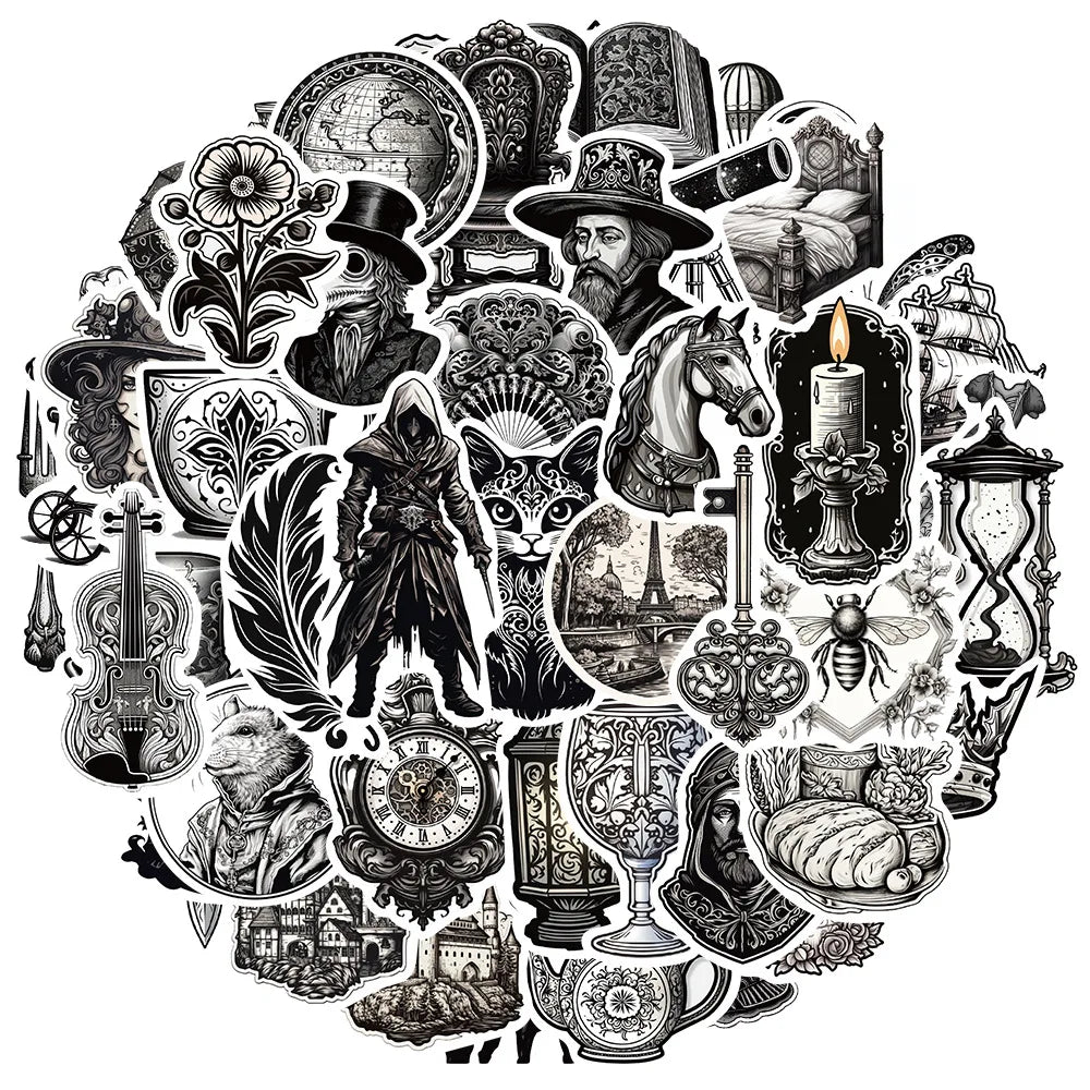 Retro Black & White Medieval Style Stickers for Snowboard, Laptop, Luggage, Car, Fridge (10/30/50 Pcs) (Online Order Only)