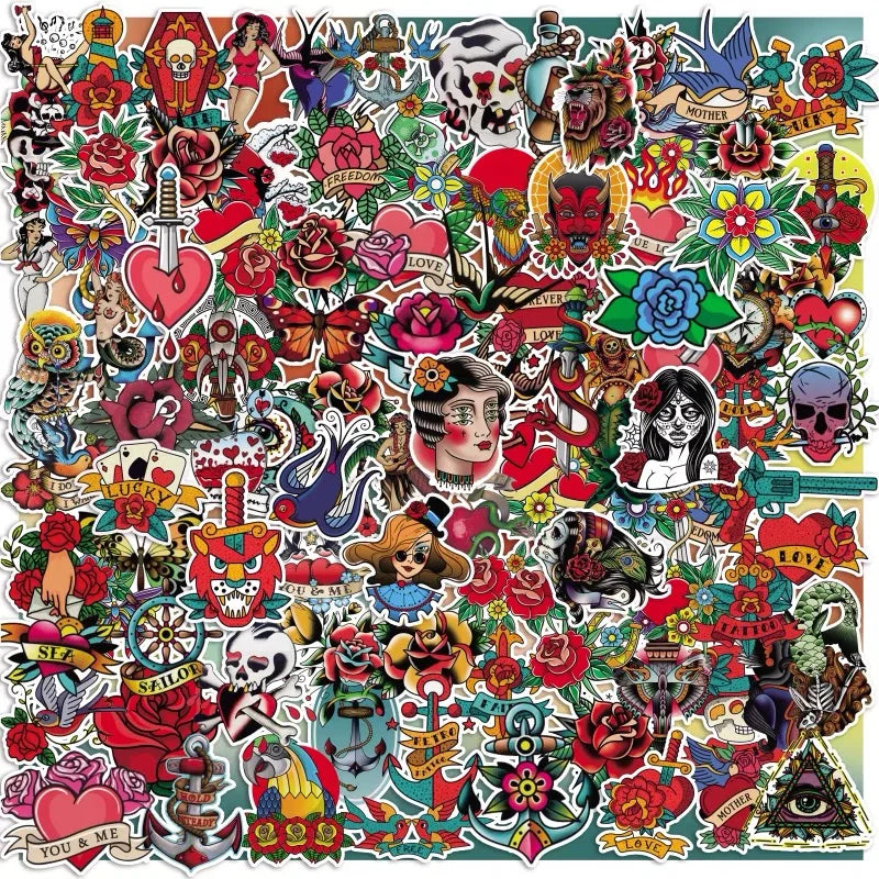 Retro Tattoo Art Style Cartoon Stickers for Fridge Laptop Luggage Skateboard - 10/30/50/100PCS (Online Order Only)