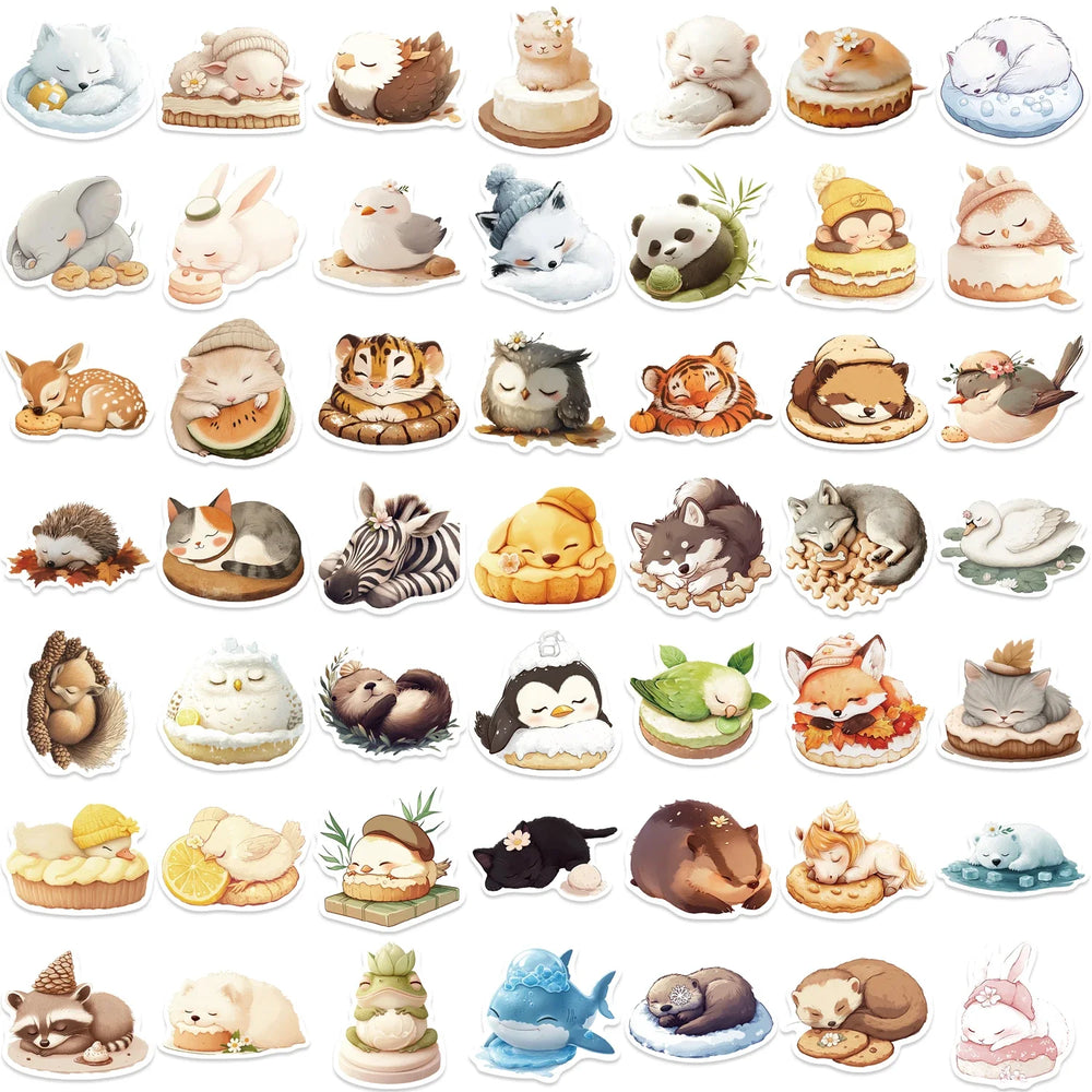 50pcs Sleeping Animals Cartoon Stickers Perfect for Scrapbooking Diaries Laptops Bumpers Water Bottles Computers Phones Sticker (Online Order Only)