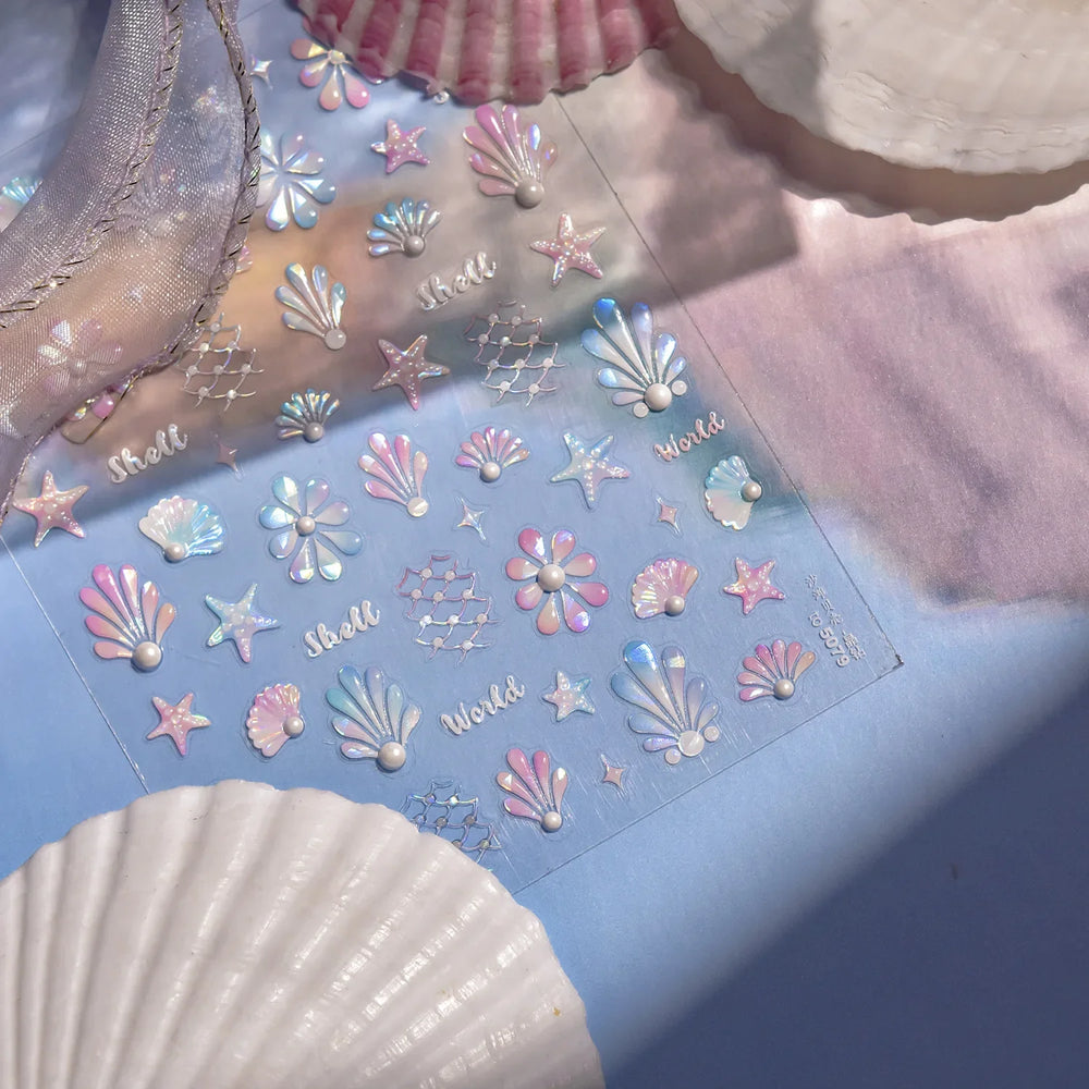 Marine Shell Starfish Ocean Elements Pearl Star Fishing Net Colourful Underwater Organisms 5D Nail Art Stickers Manicure Decals (Online Order Only)