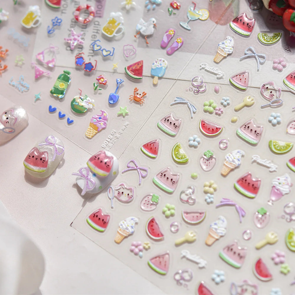 Summer Beach Bikini Watermelon Cat Popsicle Swim Ring Ice Cream Shell Coconut Tree Nail Art Decoration Stickers Manicure Decals (Online Order Only)