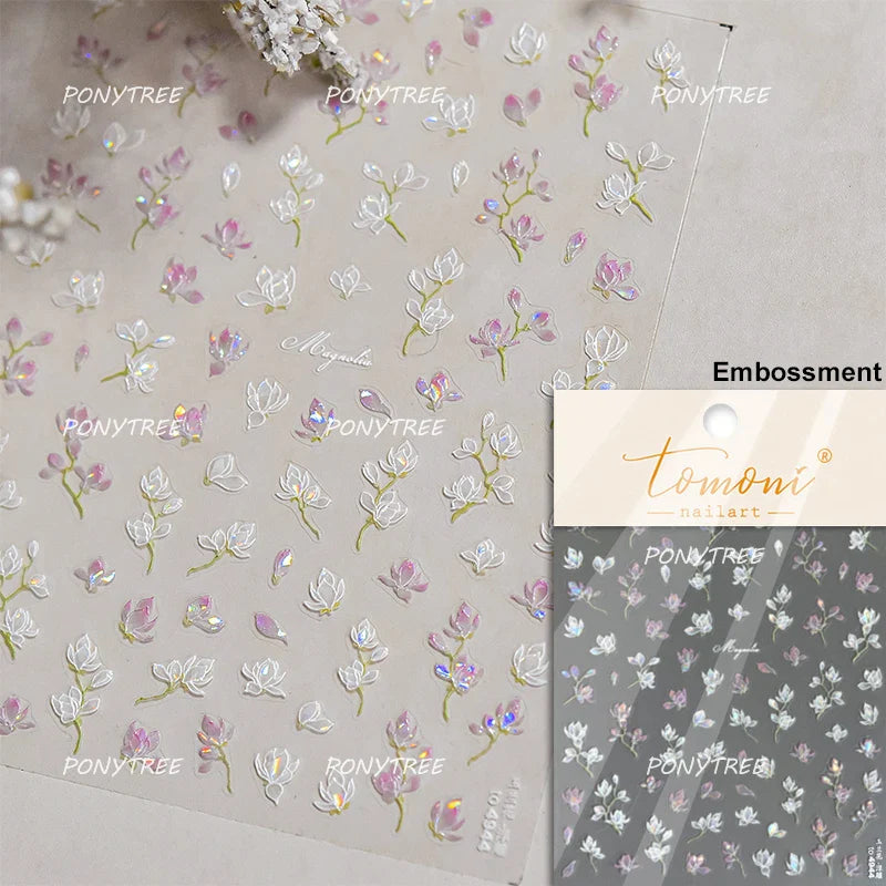 Trumpet Creeper White Flower Purple Leaves Antique Special Characters 5D Soft Relief Adhesive Nail Art Stickers Manicure Decals (ONLINE ORDER ONLY)