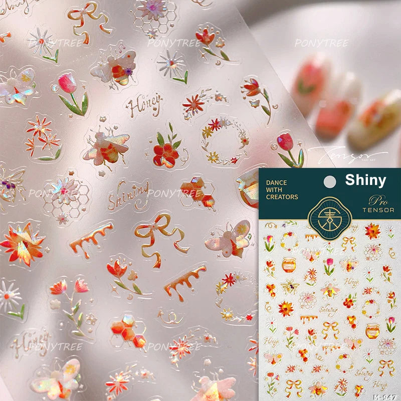 Vivid Honey Bee Ribbon Bowknot Pot Daisy Wreath Flower Shining Tulip Honeycomb Jar Self Adhesive Nail Art Sticker Manicure Decal (ONLINE ORDER ONLY)