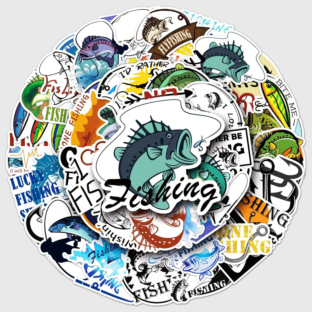 50Pcs Fishing Cartoon Waterproof Vinyl Stickers for Skateboard Snowboard (Online Order Only)