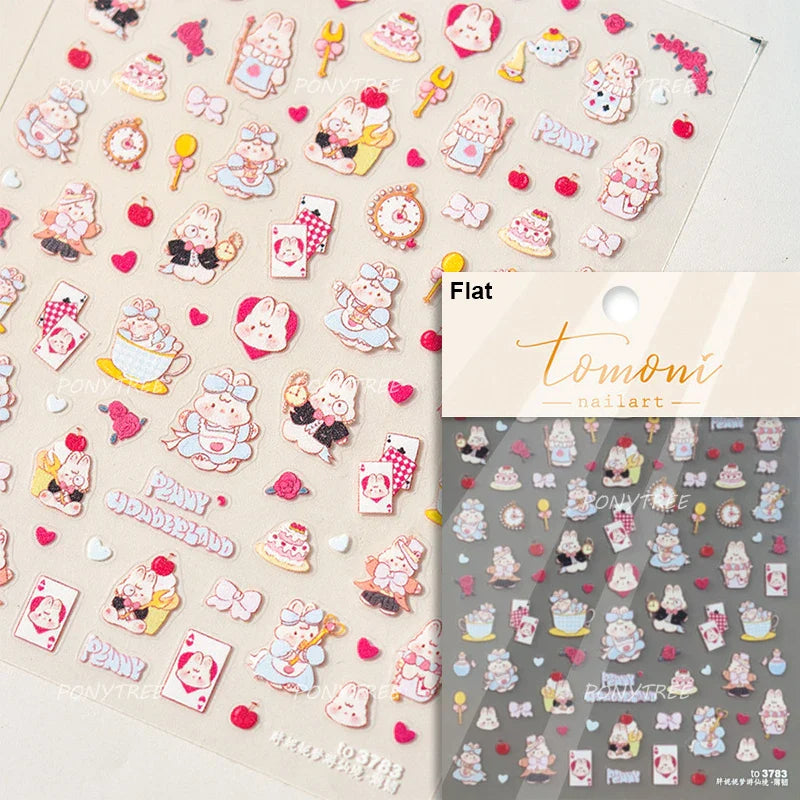 Cute Rabbit Fan Peach Blossom Teacup Lollipop Strawberry Star Cherry Hat Soft Embossed Adhesive Nail Art Stickers Manicure Decal (ONLINE ORDER ONLY)