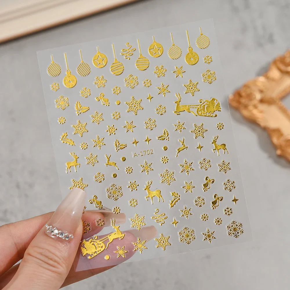 3D Gold Glitter Snowflake Nail Sticker Winter Reflective Elk Star Balloon Christmas Tree Foil Xmas New Year Decal Tips Decoratio (ONLINE ORDER ONLY)