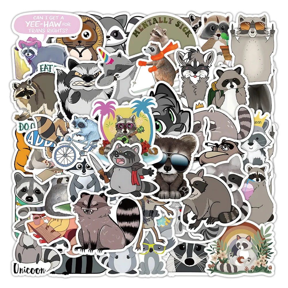 50/100Pcs Novelty Cute Kawaii Cartoon Animals Raccoon Stickers PVC Waterproof Stickers Decals For Kids Boys Girls Toys Gifts (ONLINE ORDER ONLY)